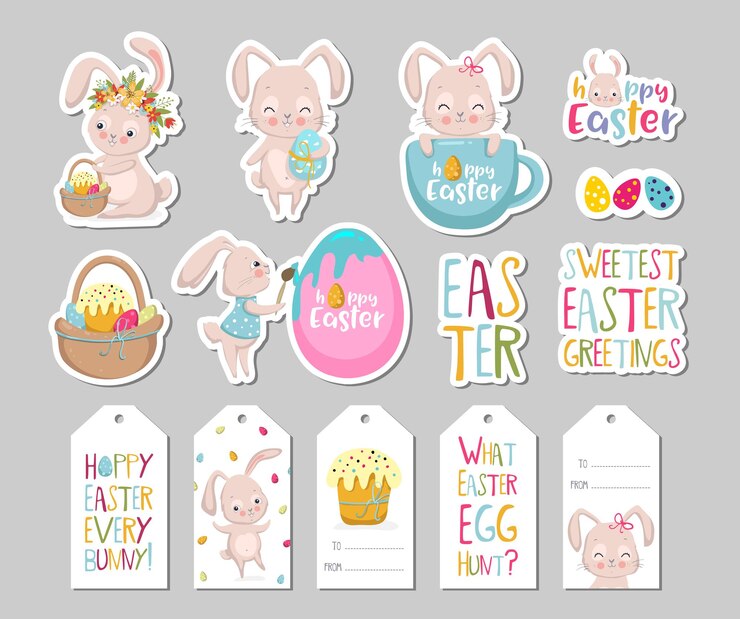 Vetor conjunto de etiquetas de presente de páscoa elementos de scrapbooking crachás de rótulos com coelhinhos fofos e letras adesivos de saudação de páscoa com ovos de flores de coelho ilustração vetorial eps10