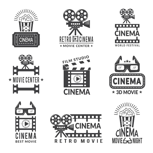 Conjunto de etiquetas de vídeo, emblemas de produção de Cinema em estilo monocromático