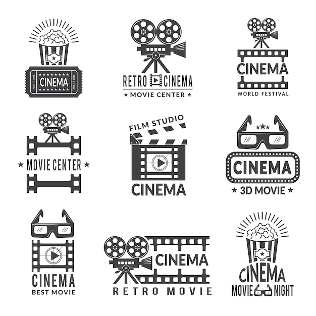 Conjunto de etiquetas de vídeo, emblemas de produção de cinema em estilo monocromático