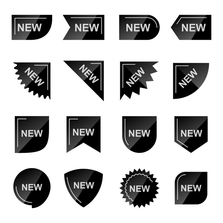 Conjunto de etiquetas pretas de novos produtos
