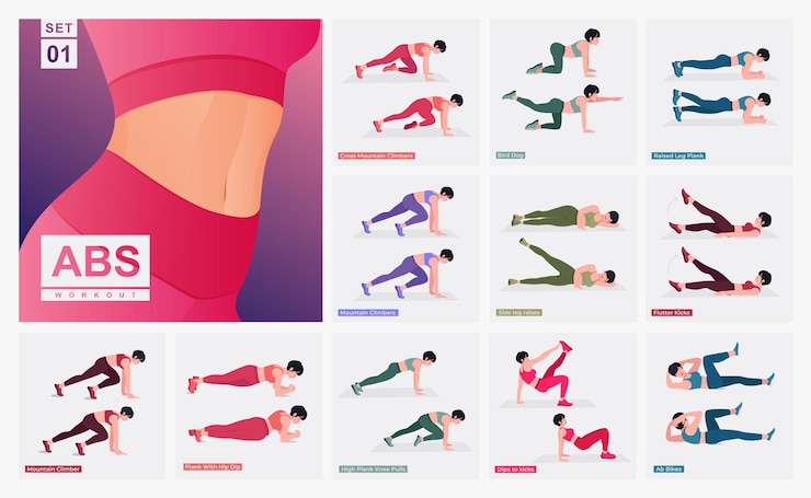 Vetor conjunto de exercícios abdominais mulheres fazendo exercícios de fitness e ioga