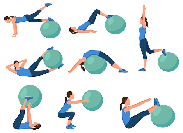Conjunto de exercícios para fitball. Coleção de poses de fitness para meninas para elasticidade do corpo.