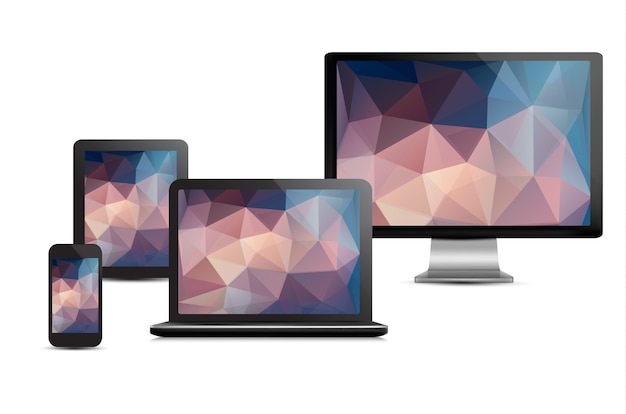 Conjunto de exibição realista, laptop, computador tablet e modelo de telefone móvel com fundos de polígono.