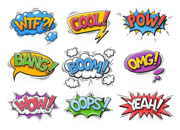 Conjunto de explosões cômicas no estilo pop art