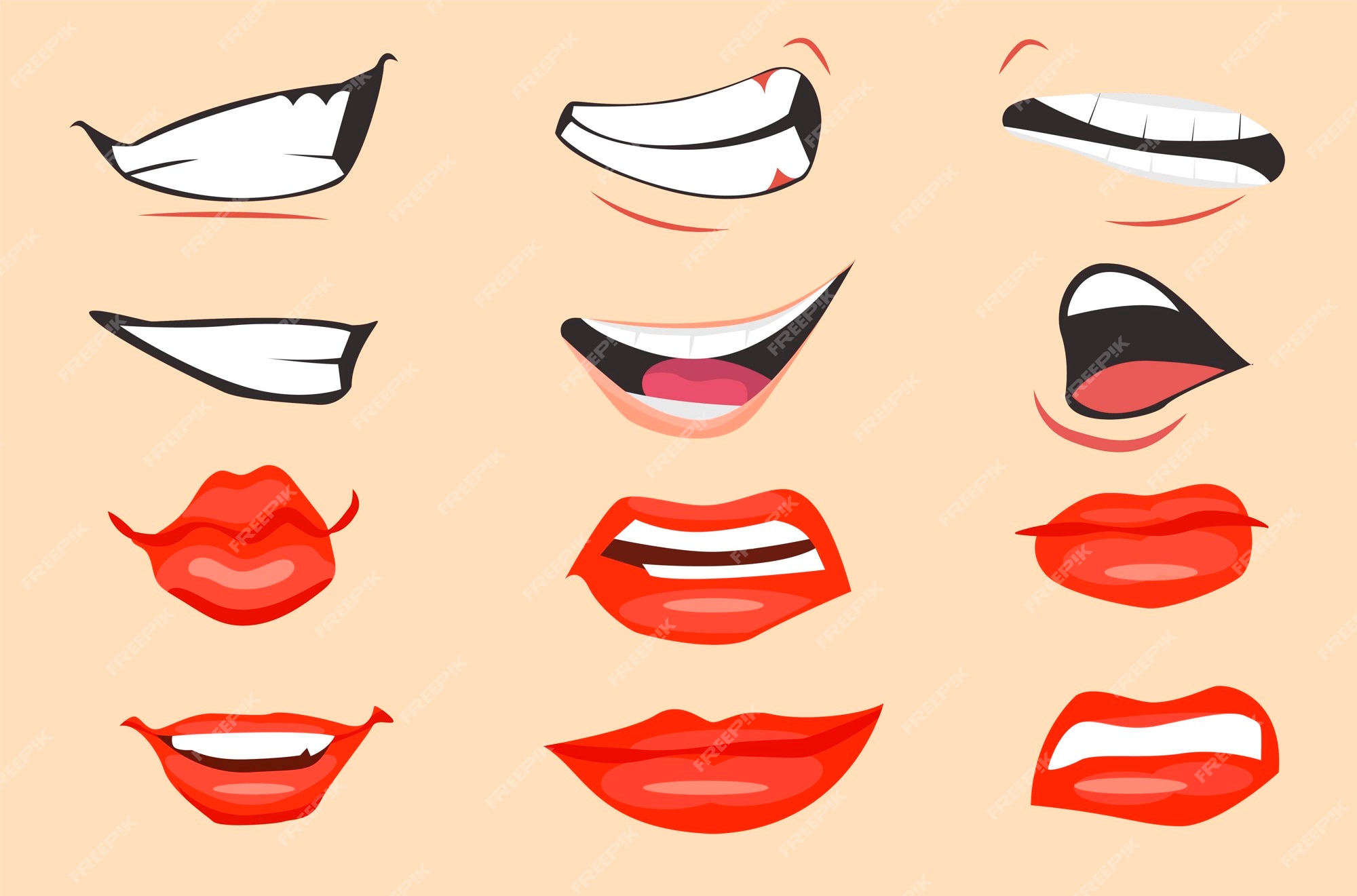 Desenhos animados bonito boca expressões gestos faciais conjunto com lábios  amuados sorrindo saindo língua isolado vetor ilustração. imagem vetorial de  Designer_things© 338070610