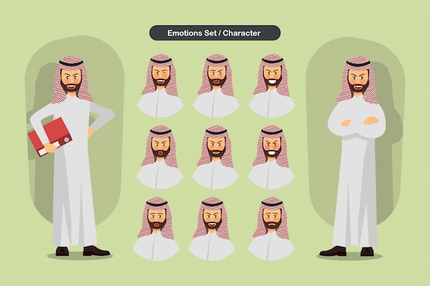 Conjunto de expressões diferentes faciais de negócios homem muçulmano.