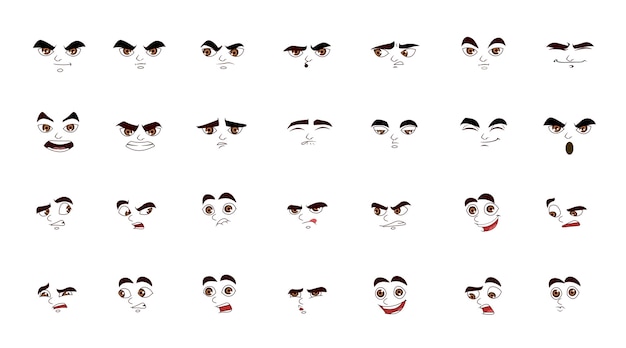 Faces Desenhadas À Mão Dos Desenhos Animados. Olhos E Boca Expressivos,  Sorrindo, Chorando E Expressões De Rosto De Personagens Surpresos. Emoções  Cômicas De Caricatura Ou Emoticon Doodle. Royalty Free SVG, Cliparts,  Vetores