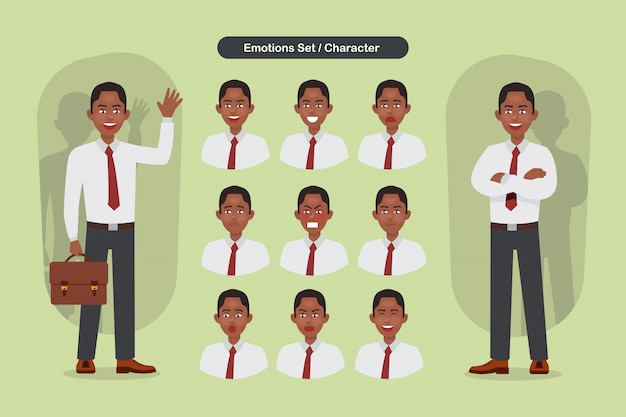 Conjunto de expressões faciais diferentes de homem de negócios. personagem emoji de homem