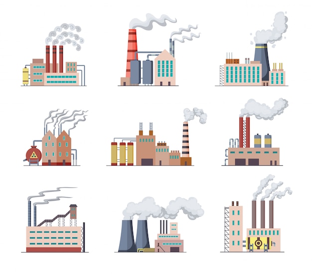 Conjunto de fábricas e usinas design plano de ilustração. fábrica de refinaria de edifícios industriais de fabricação ou centrais nucleares. construindo grandes fábricas ou fábricas com fumaça de cachimbo