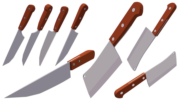 Vetor conjunto de facas de carne de açougueiro para açougue, facas de corte de carne, conjunto de ícones de talheres, vetor realista