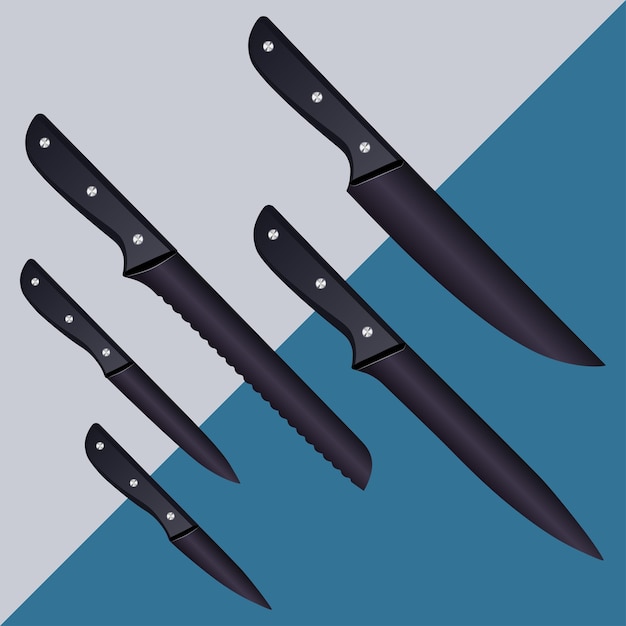 Vetor conjunto de facas de carne de açougueiro para açougue, facas de corte de carne, conjunto de ícones de talheres, vetor realista
