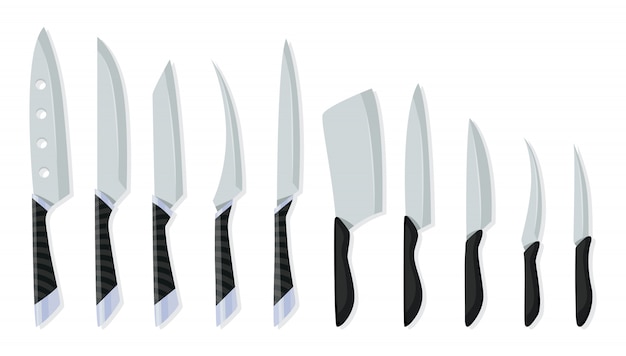 Conjunto de facas de carne de açougueiro para temas de açougueiro de design. Tipo diferente de facas para chefs, ícone de faca para açougue. Conjunto de ícones de talheres