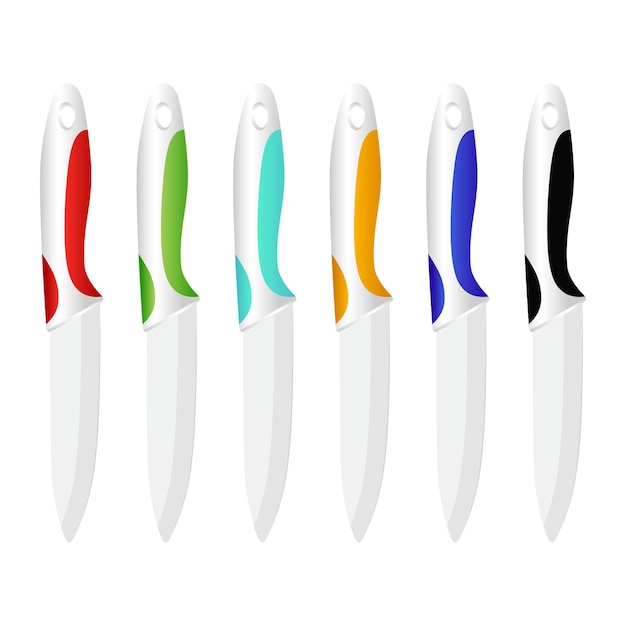 Conjunto de facas de cozinha realistas isoladas em branco, ilustração vetorial, facas de chef, facas coloridas