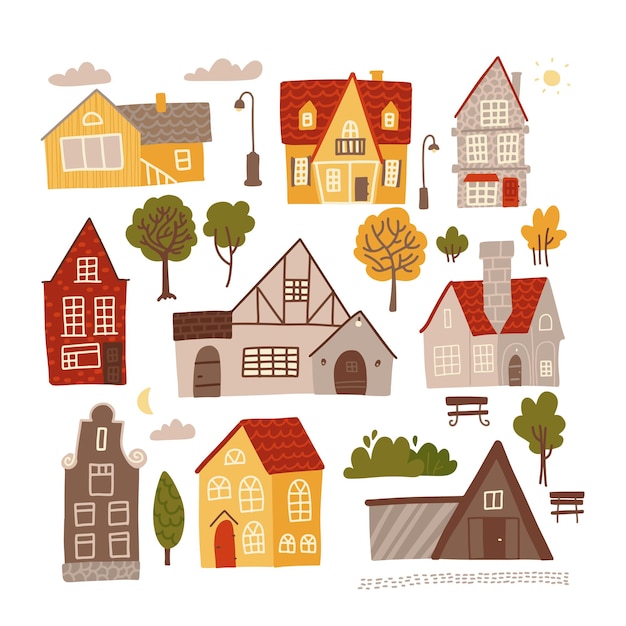 Conjunto de fachadas coloridas brilhantes de pequenas casas aconchegantes para design de conceito.