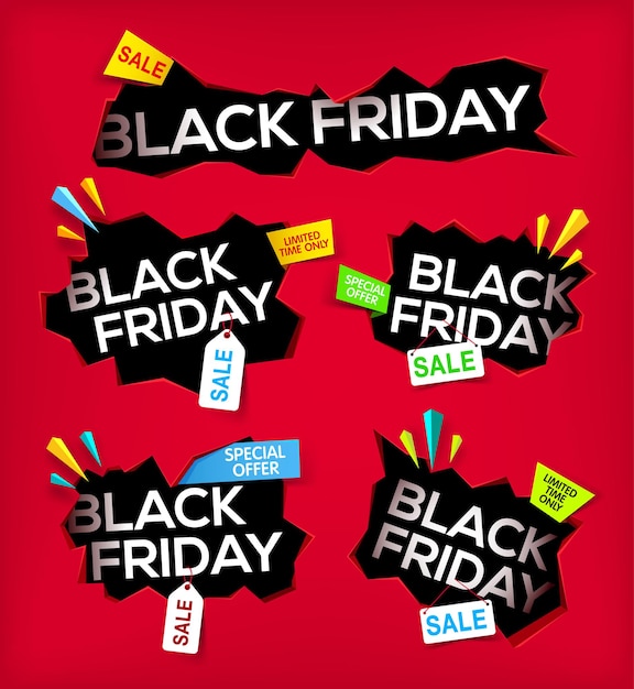 Vetor conjunto de faixas de black friday buraco rachado com black friday sale e desconto