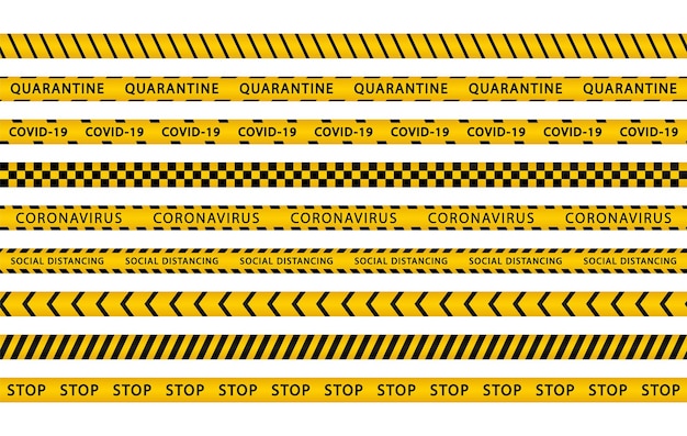 Conjunto de faixas de quarentena covid19 fitas de advertência pretas e amarelas coronavírus zona de perigo