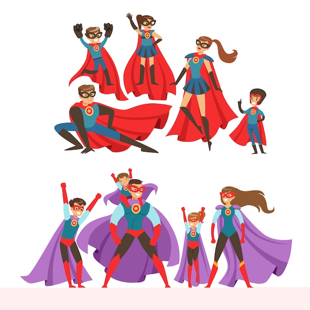 Conjunto de família de super-heróis. sorrindo, pais e filhos vestidos com fantasias de super-heróis ilustrações coloridas