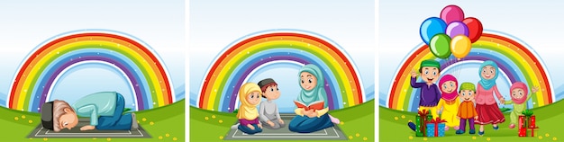 Conjunto de famílias árabes em roupas tradicionais em fundo de arco-íris