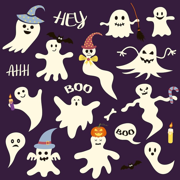 Conjunto de fantasmas assustadores de halloween. perfeito para férias, decoração, adesivos, ícones.