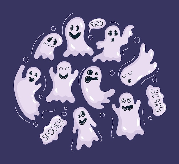 Conjunto de fantasmas com rostos sorridentes assustadores para o halloween em estilo cartoon espírito assustador de halloween