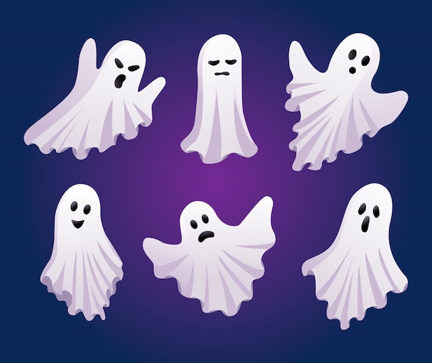 Conjunto de fantasmas. Conceito de dia das bruxas. Ícones de fantasma isolados