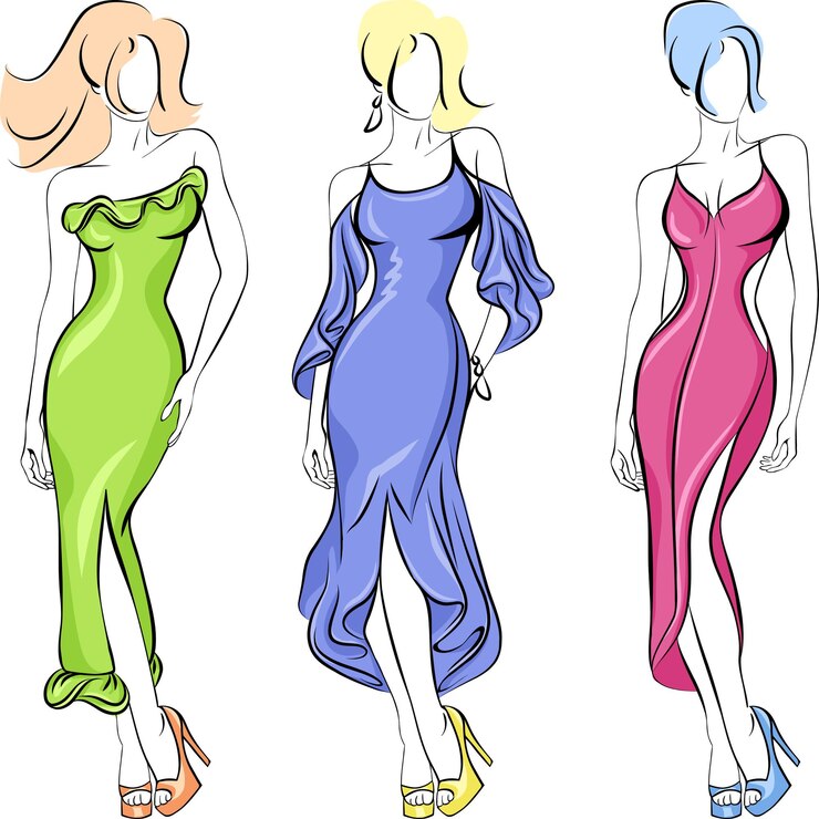 Vetor conjunto de fasion linda top model em um vestido verde, vermelho