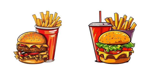 Conjunto de fast-food batatas fritas de hambúrguer e bebida ilustração vetorial dos desenhos animados