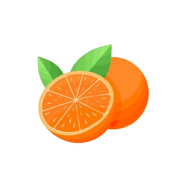 Conjunto de fatia de laranja e uma laranja inteira com folhas ilustração vetorial dos desenhos animados isolada em fundo branco