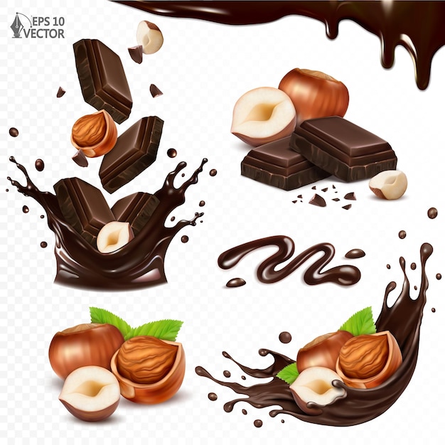 Conjunto de fatias de chocolate amargo e avelã Respingo de chocolate líquido 3D ilustração vetorial realista