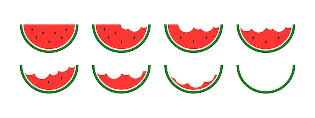 Conjunto de fatias de ícones de melancia de peça inteira antes da casca no fundo. ilustração vetorial