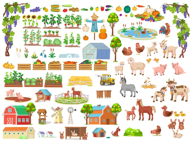 Conjunto de fazenda grande conjunto de fazenda em estilo cartoon ilustração vetorial com construção agrícola de animais