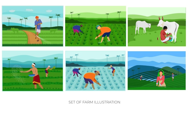 conjunto de fazenda indiana com ilustração de campo e pessoas de vetor de estilo plano totalmente editável
