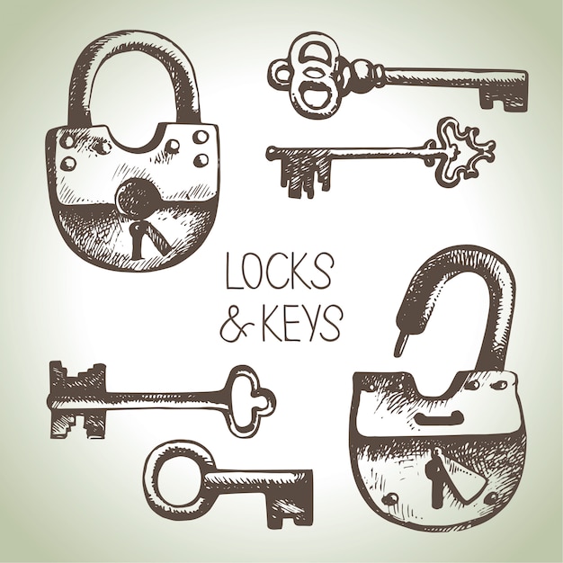 Vetor conjunto de fechaduras e chaves desenhadas à mão