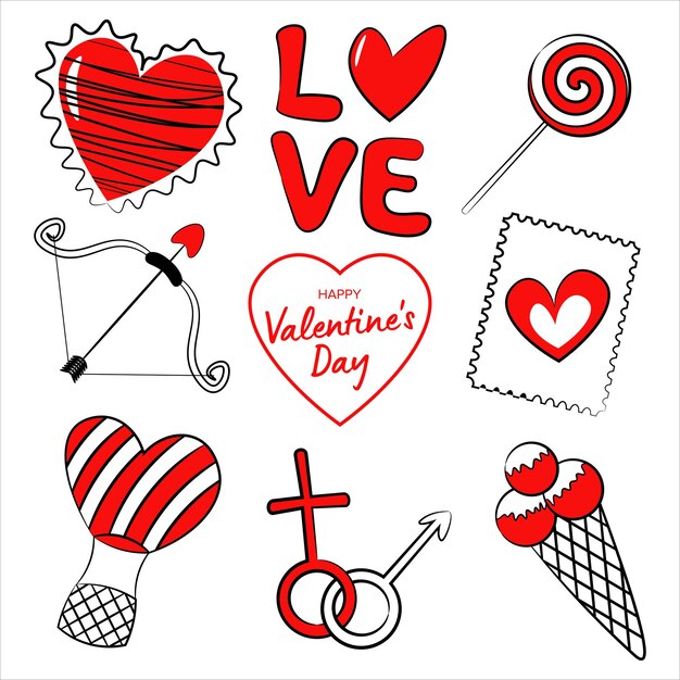 Vetor conjunto de feliz dia dos namorados elementos coração amor inscrição balão de marca de doces com símbolos de gênero cesta sorvete e arco