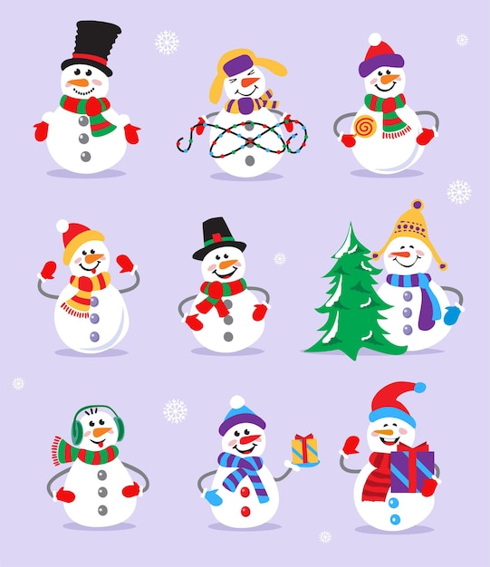 Conjunto de feriados de inverno boneco de neve bonito de neve em trajes diferentes boneco de gelo com doces e presentes