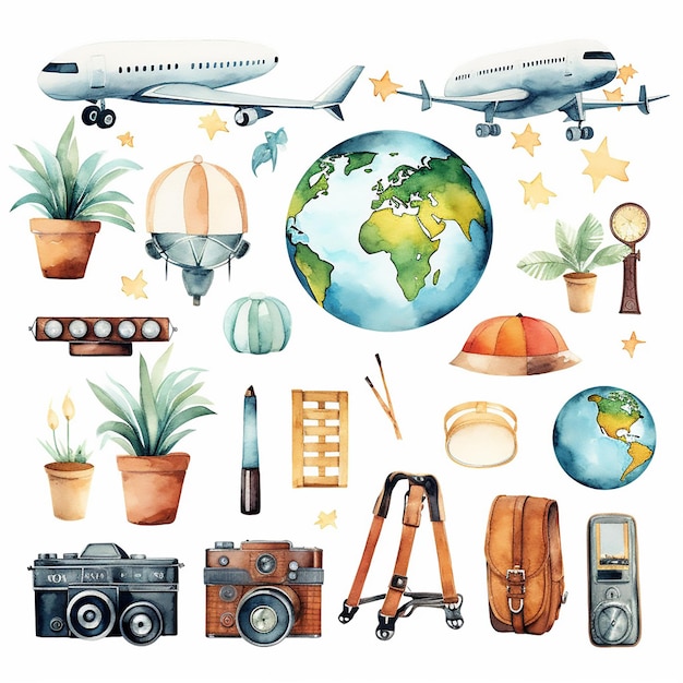 Vetor conjunto de férias de viagem viagem ilustração câmera vetor mala ícone saco isolado símbolo de verão