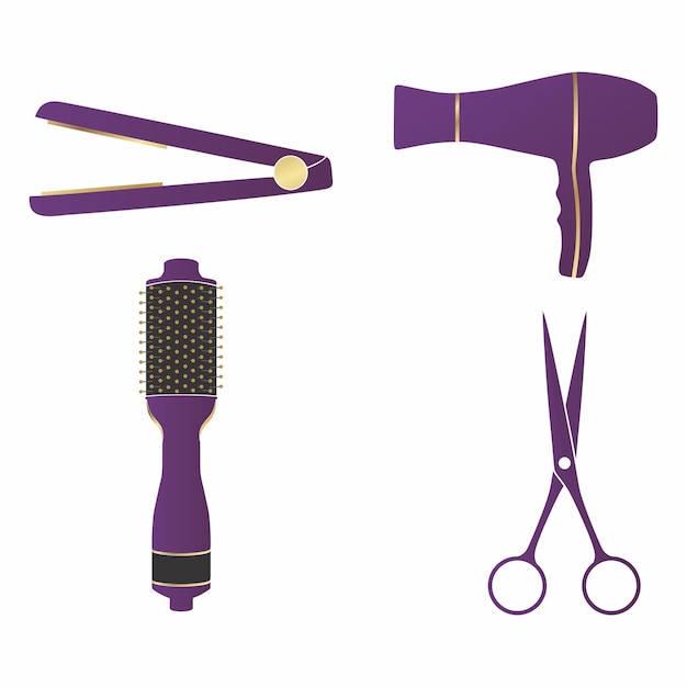 Vetor conjunto de ferramentas de cabeleireiro com tesoura de secador de cabelo escova de cabelo escova de cabelo estilista roxo