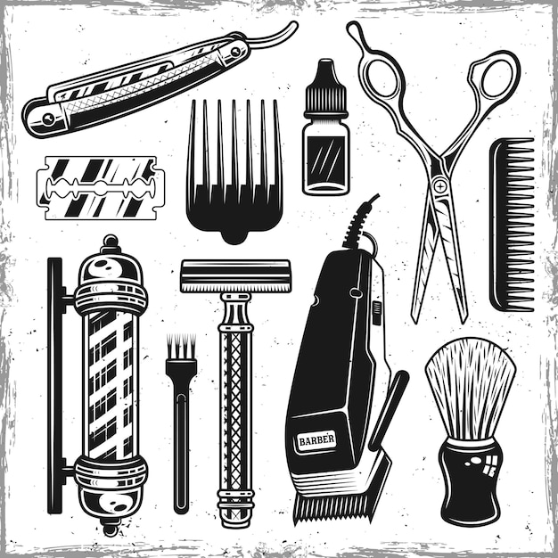Conjunto de ferramentas de cabeleireiro e barbearia com objetos pretos ou elementos de design