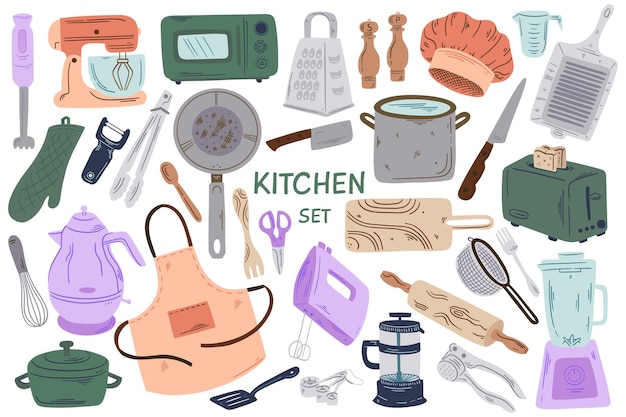 Conjunto de ferramentas de cozinha de ilustração vetorial desenhada à mão ilustrações vetoriais planas de objetos de panelas
