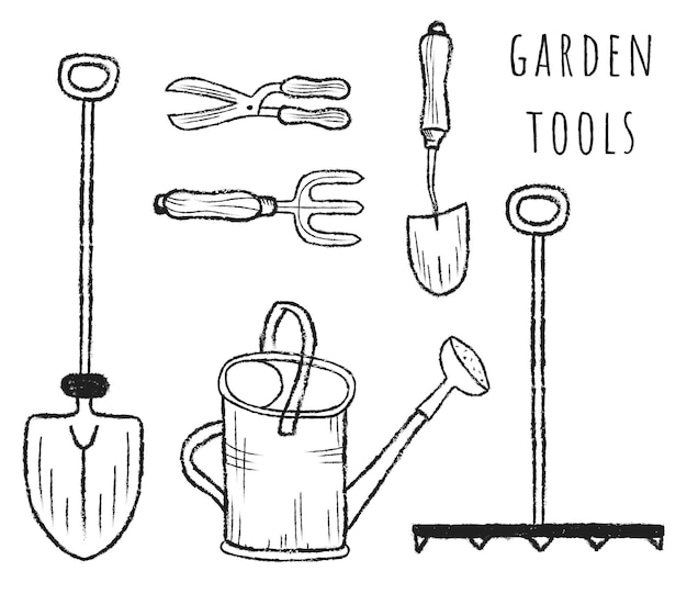 Conjunto de ferramentas de jardinagem isoladas desenhadas à mão. doodle ícones de jardinagem, colheita. ilustração vetorial