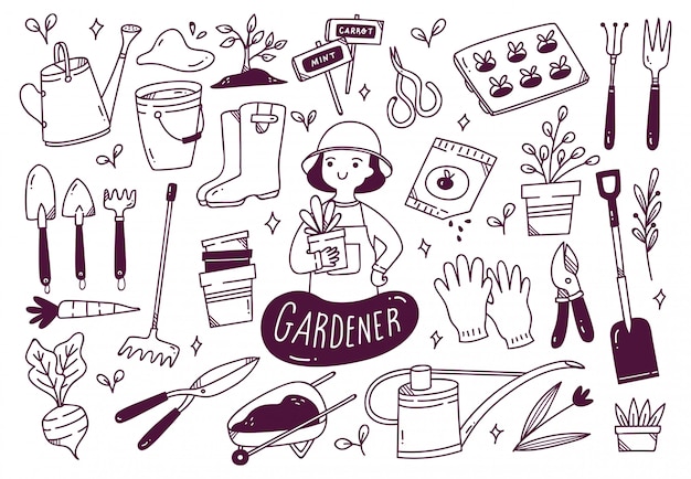 Conjunto de ferramentas de jardineiro em estilo doodle