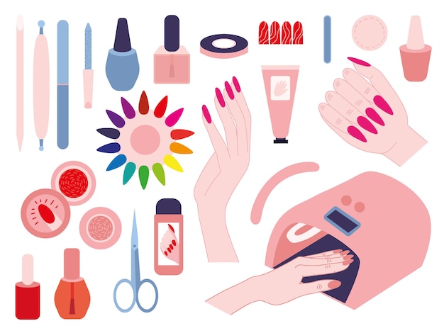 Conjunto de ferramentas de manicure de estilo plano vetorial Diferentes tipos de conjunto de vetores planos de equipamentos de manicure