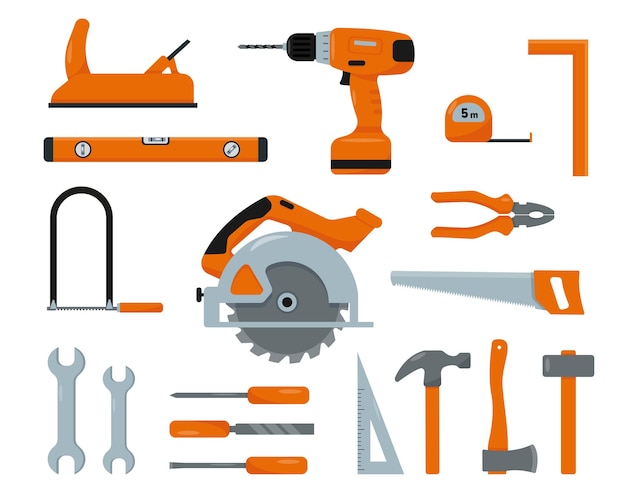 Conjunto de ferramentas de trabalho. Construção, construção, decoração, elementos de reparo.