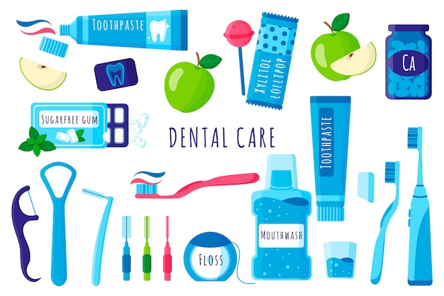 Vetor conjunto de ferramentas odontológicas para cuidados bucais e dentais dos desenhos animados: escova de dentes, pasta de dentes, fio dental etc. em fundo branco.