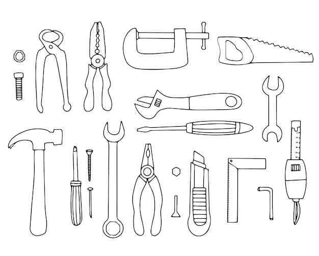 Conjunto de ferramentas para reparação e construção. elementos do vetor para design. desenho linear à mão.