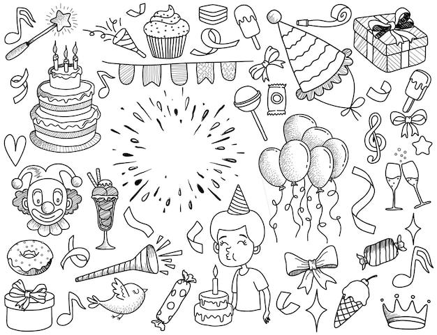 conjunto de festa de aniversário doodle.