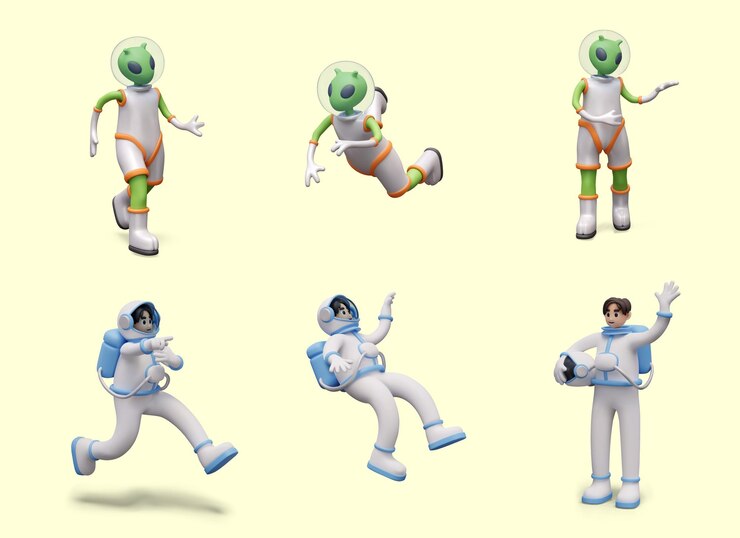 Vetor conjunto de figuras de astronauta e humanoide verde em traje espacial