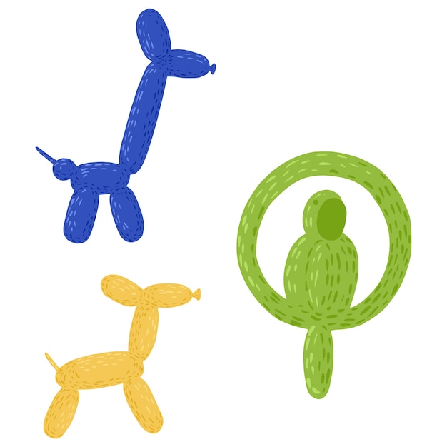 Conjunto de figuras de balões em fundo branco. elementos alegres cão, girafa e papagaio na cor azul, amarela e verde no estilo doodle ilustração vetorial.