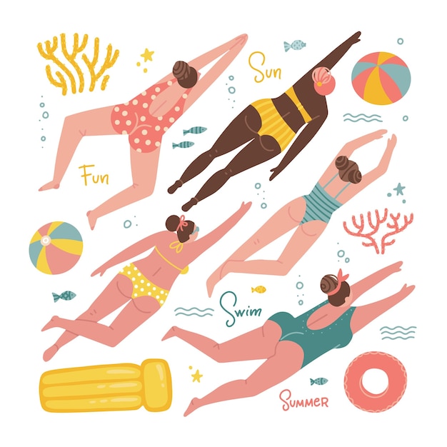 Conjunto de figuras de mulheres nadadoras em trajes de banho de diferentes nacionalidades com elementos de férias de verão