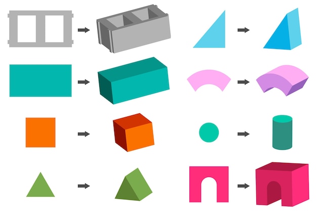 Conjunto de figuras geométricas de blocos de construção e brinquedo isoladas em um fundo branco.